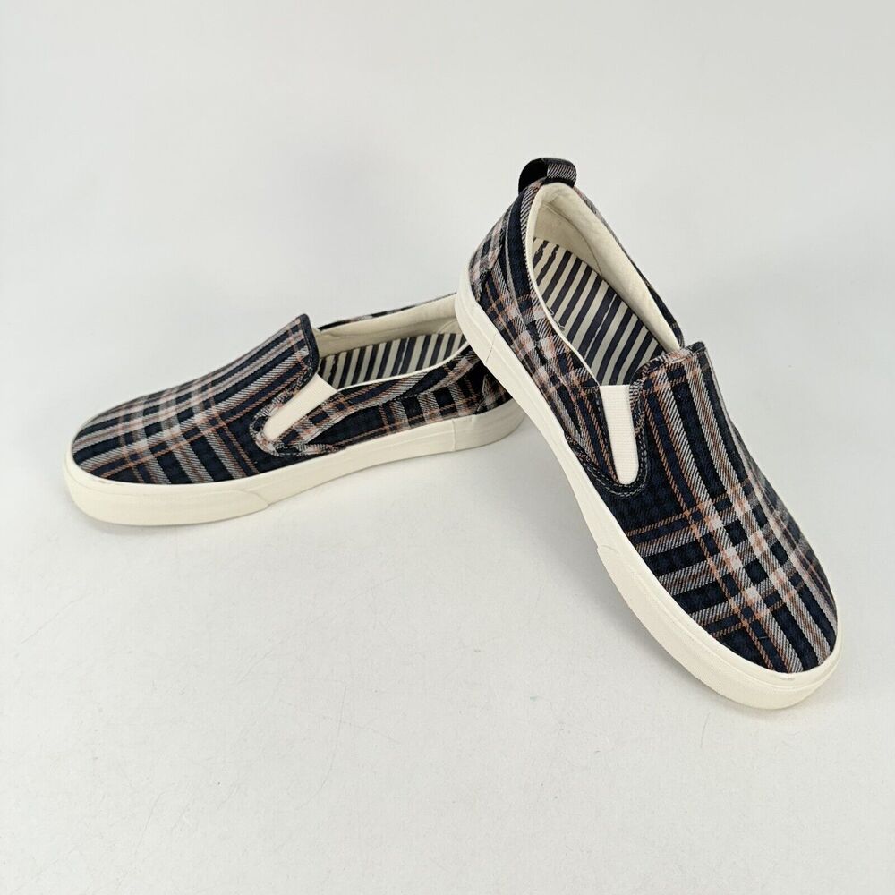 Taos Rubber Soul Womens Size 8.5 Blue Orange Plaid Canvas Slip On Sneakers Shoes